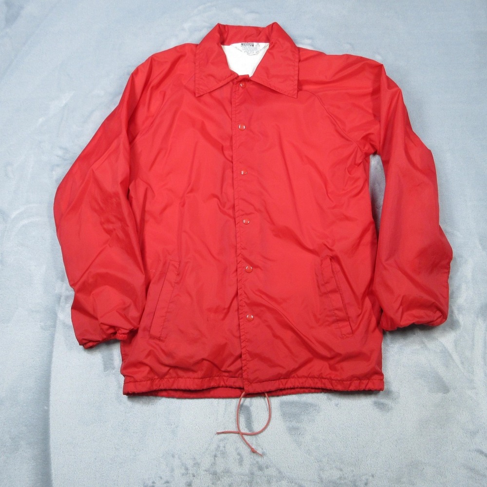 Vintage Montgomery Ward Jacket Mens Medium‎ Red Nylon Coaches Snap Dagger Collar